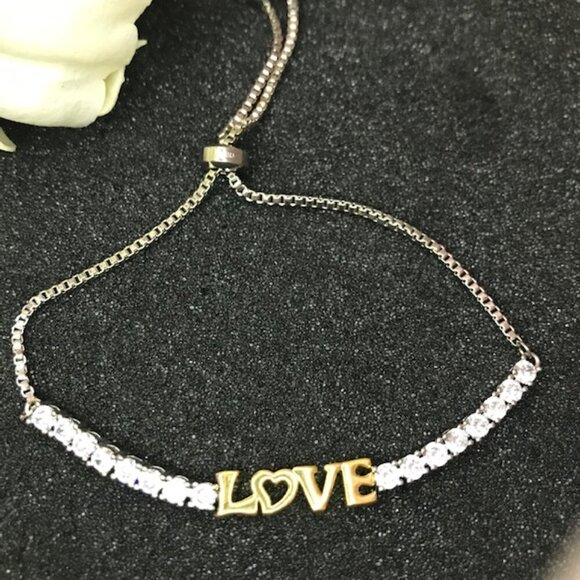NWT Macy’s Adjustable “LOVE” Bracelet – Gold & Crystal Accent Tennis Style - Picture 1 of 7